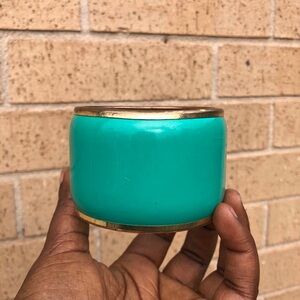 Vintage Aqua Teal Green Blue Enamel Bronze Gold Tone Bangle Bracelet Turquoise
